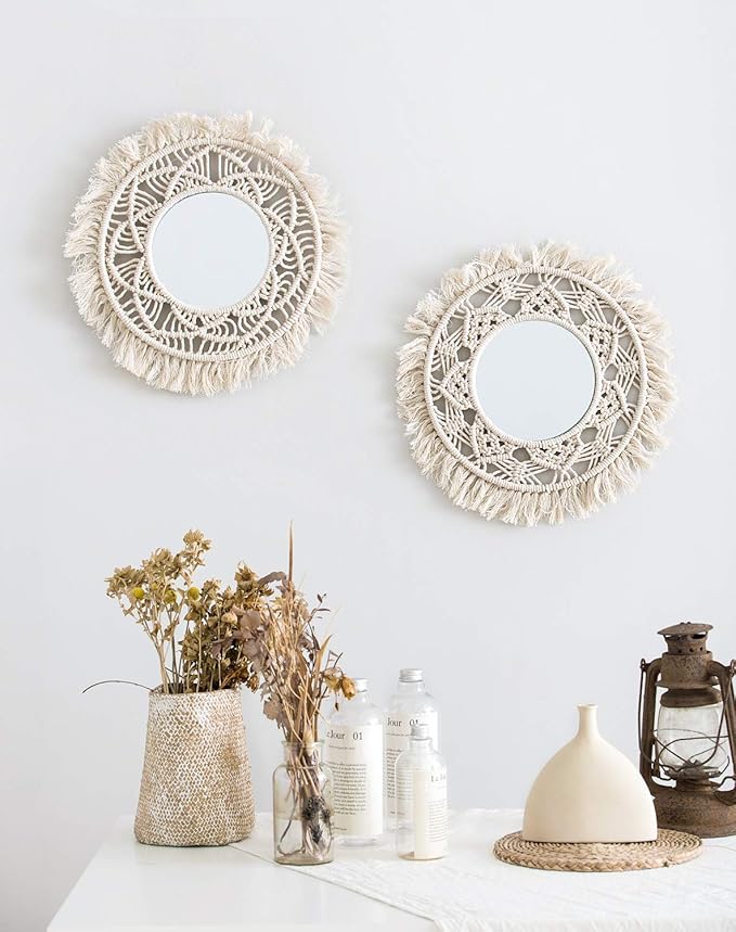 Mkono Hanging Wall Mirror with Macrame Fringe 2 Set Small Round Decoration Boho Antique Mirror for Apartment LivingRoom Bedroom Baby Nursery,Beautiful Gift Ideas