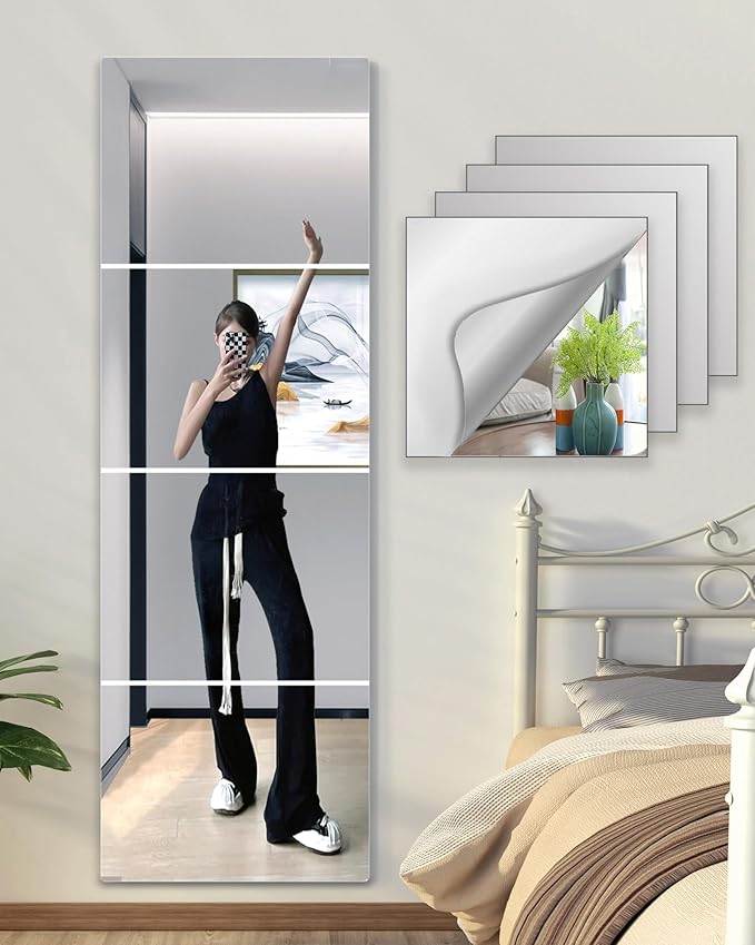 Shatterproof Wall Mirror Full Length for Bedroom, Acrylic Gym Mirrors For Home, Extra Thick : 0.12 Inch, 4 PCS x 15.7 x 12 Inch, Workout Mirrors Safe for Kids, Over The Door, Long Wall Mounted Mirror