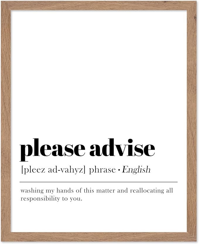 Poster Master Vintage Typography Poster - Retro Dictionary Print - Please Advise Definition, Book Page, Funny - Gift for Colleague, Friend - Wall Decor for Home, Office, 8x10 Beige Framed