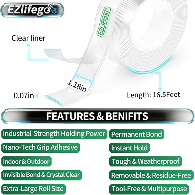EZlifego Double Sided Tape Heavy Duty(Extra Large 16.5FT), Nano Adhesive Mounting Tape Wall Decor,Sticky Picture Hanging Adhesive Strips Poster Tape