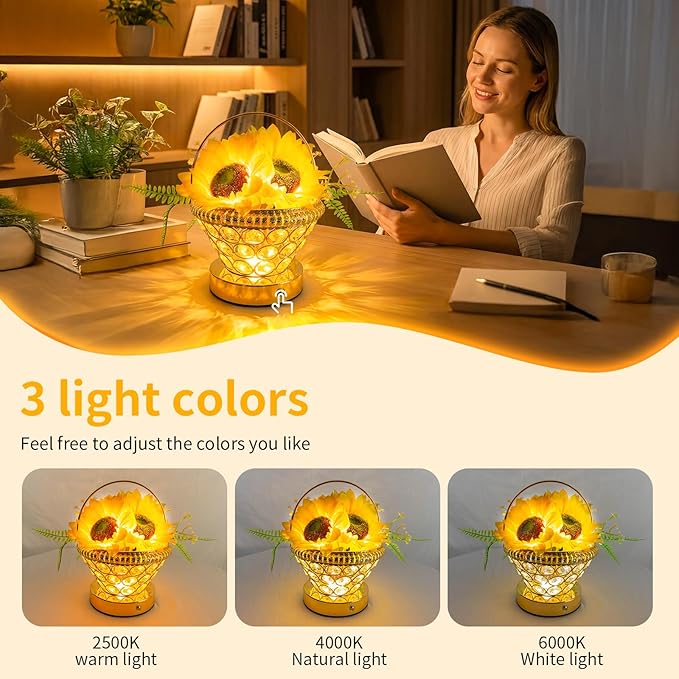 Pearl Sunflower Lamp – Cordless USB-Rechargeable LED Night Light with 3-Color Touch Control, 3D-Printed Flower Table Lamp, Bedroom Reading Light, Dimmable Centerpiece, Birthday Gift for Women