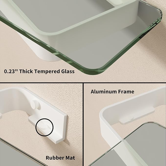 Danpoo 8-Inch Small Wall Shelf, Clear Tempered Glass with Matte White Aluminum Frame – Sleek Floating Bathroom Organizer