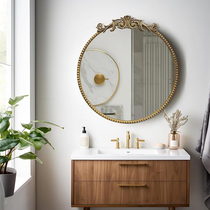 Round Mirror, 24''Baroque Style Circle Mirror Vintage Gold Metal Frame Wall Mirrors for Vanity, Bathroom or Bedroom