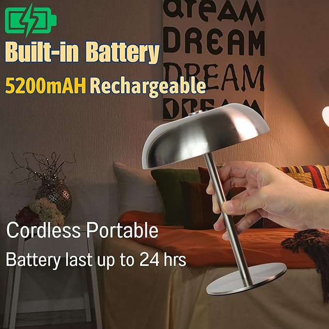 Portable Mushroom Table Lamp with 5200mAh Battery, 11'' Cordless LED Night Light with Stepless Dimming, 3 Color Modes & Adjustable Height for Bedroom/Patio/Bar Decor/Coffee Shop Ambiance (Silver-tall)