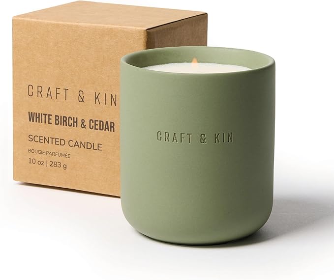 Craft & Kin Scented Candles - White Birch & Cedar | 10oz Soy Blend with Cotton Wick | Long-Lasting Holiday Candles, 40-Hour Burn | Ceramic Jar, Perfect & Winter Home Scent