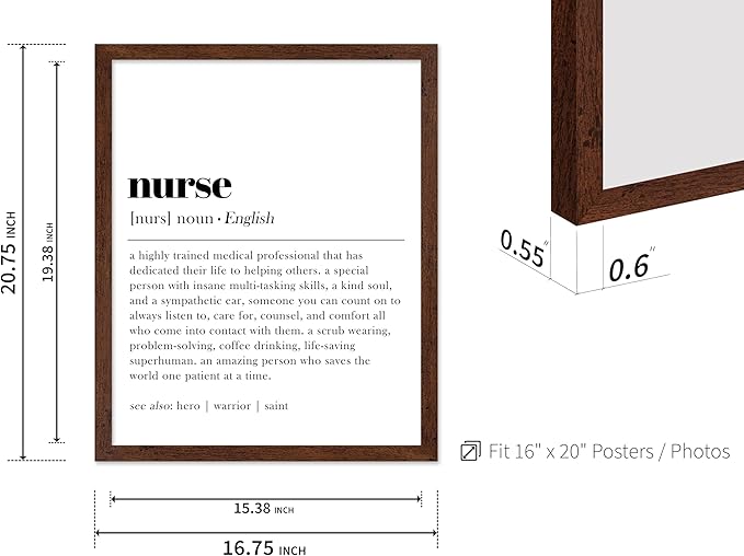 Poster Master Typography Poster - Dictionary Print - Nurse Definition, Amazing Person Who Saves the World, Hero, Saint - Gift for Friend - Wall Decor for Home, Hospital, 16x20 Brown Framed