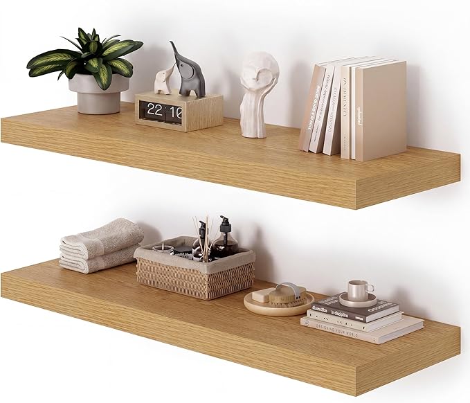 Heimlove 36 Inch Wall Shelf Bathroom Shelves Set of 2, 12" Deep Floating Shelves for Wall, Wall Mounted Shelves for Books Living Room Laundry Room Bedroom Kitchen Home Office, Oak