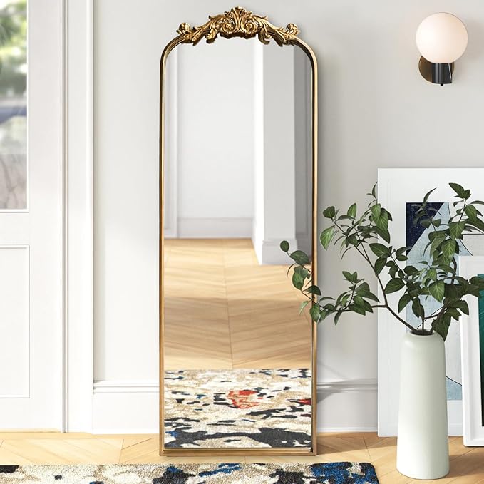 HQiJun Full Length Wall Mirror Decorative Full Body Mirrors Traditional Antique Arched Farmhouse for Living Room Bedroom Entryway Bathroom Vanity (58X13 Inches, Gold)