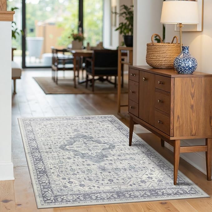 Rugxara 3x5 Washable Entryway Rug, Non Slip Boho Runner Rugs for Hallway, Entrance, Kitchen, Bathroom, Laundry Room, Soft Entryway Carpet, Throw Low Pile Retro Imitation Wool Carpet, Blue