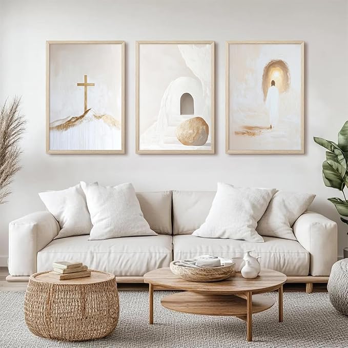 Jesus Christian Wall Art Gold Beige God Canvas Wall Decor He Is Risen Art Religious Christian Poster Modern Minimalist Cross Painting Artwork Jesus Picture Prints for Living Room 12x16x3 Inch Framed