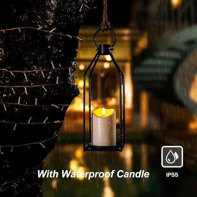 Homemory Modern Farmhouse Lantern Decor with Waterproof Flameless Candle & Remote Timer, 2PCS Black Metal Candle Lantern Decorative for Outdoor Indoor Home Living Room Patio Porch Table