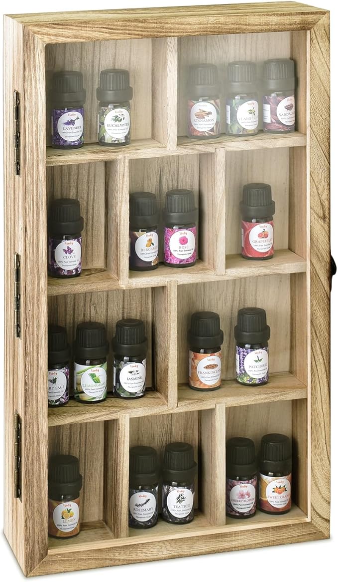 Ikee Design Wooden Collection Display Case with Hinged and Clear Tempered Glass Top, Wall Mounted 10 Slots Wood Display Storage Box for Mini Figures, Collections, Essential Oils, Oak Color