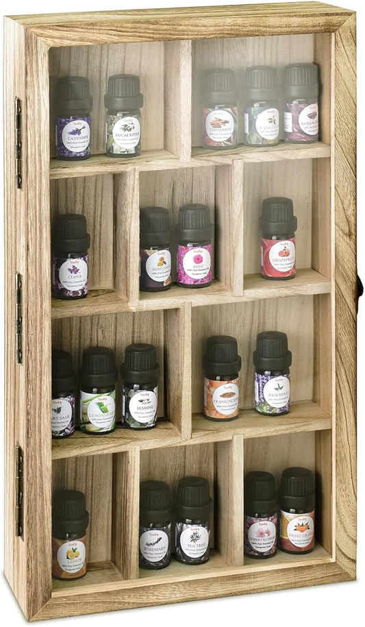 Ikee Design Wooden Collection Display Case with Hinged and Clear Tempered Glass Top, Wall Mounted 10 Slots Wood Display Storage Box for Mini Figures, Collections, Essential Oils, Oak Color