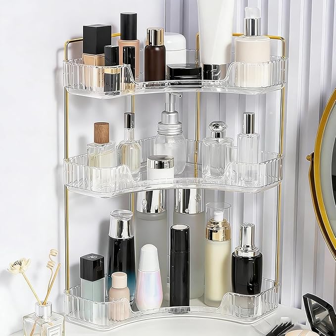 Multi-Tier Corner Countertop Organizer Rack, 3 Tier Corner Bathroom Counter Organizer, 90° Space-Saving Makeup Organizer Shelf, Tool-Free Installation for Cosmetic, Dresser, Kitchen (Clear-3tier)
