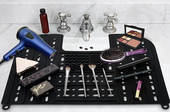 Sink Cover for Counter Space, Silicone Makeup Brush Cleaning Mat Foldable Sink Cover Bathroom Cover for Counter Space Saver Rv Camper Travel Must Haves Accessories - 22 * 17" Black