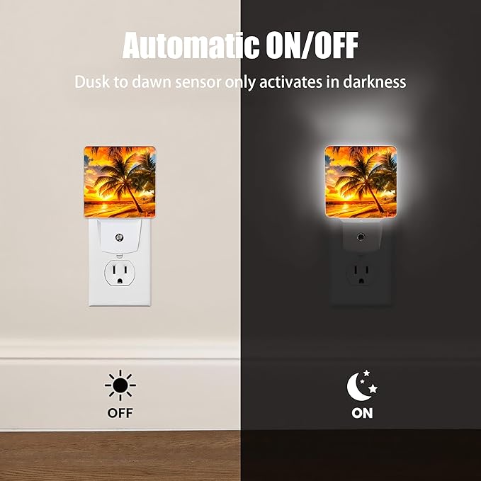 Sunset Seashore Night Light, Palm Trees Night Lights Plug into Wall Decor for Bedroom,Bathroom,Hallway,Kitchen,Dusk to Dawn Sensor Nightlights for Boys Girls Women Men Room Gifts