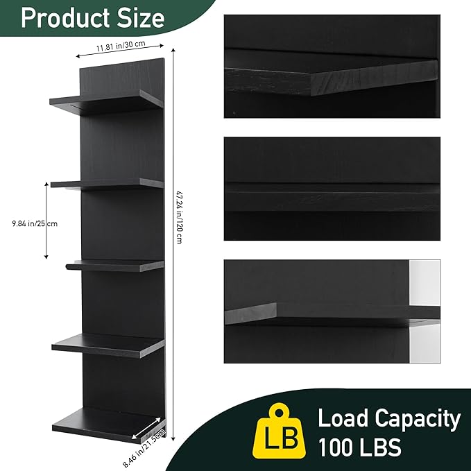 Wooden 5 Tier Wall Shelf,Vertical Column Floating Storage Home Decor Organizer,Floating Shelf Wall Decor Shelves for Bedroom, Living Room,Vanity(Black)
