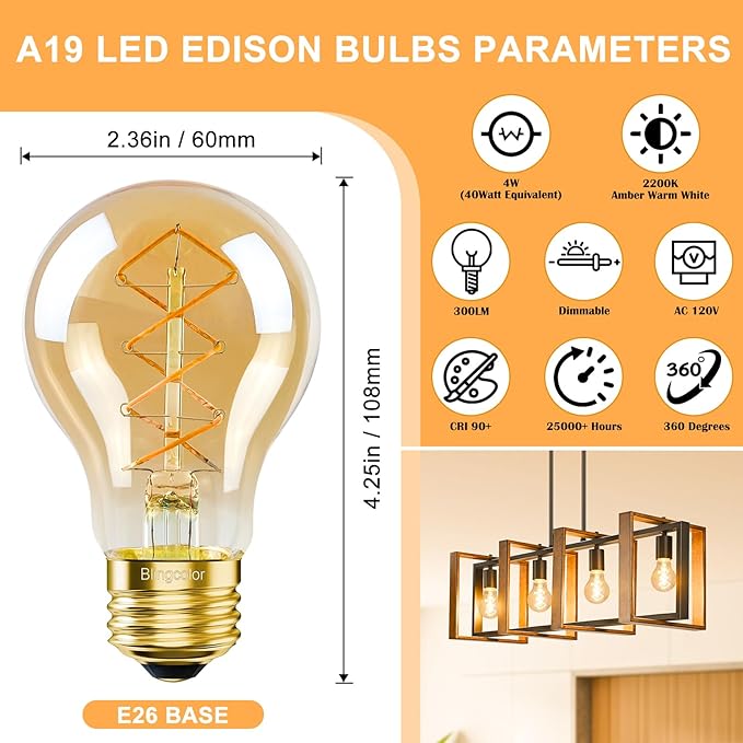 BLINGCOLOR A19 Vintage LED Edison Bulbs 40 Watt, Dimmable E26 LED Edison 2200K Warm Light Bulbs, 4W Equal 40 Watt Incandescent Bulbs, 4 Pack Decorative Antique Spiral Amber Light Bulbs, 300LM, CRI90+