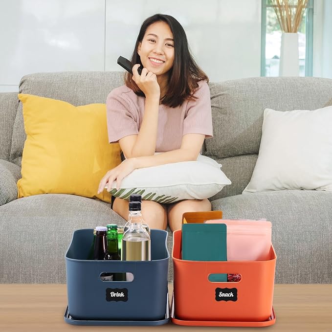 Tanlade 8 Pcs Plastic Storage Bins Stackable Baskets with Lid and Handle Colorful Desktop Storage Box Cubby Containers for Shelf Bedroom Office, Include 1 Erasable Marker, 16 Stickers (14 x 10 x 6 In)