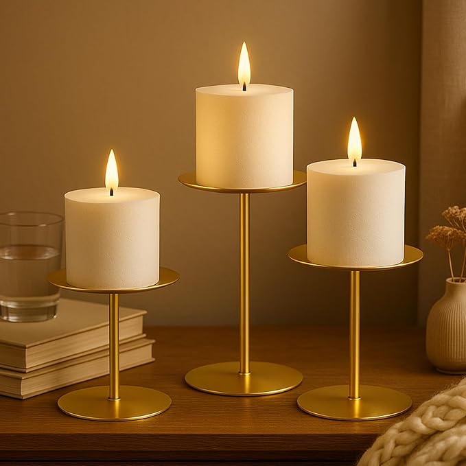smtyle Gold Metal Candle Holder Sets for Pillar Candles Set of 3 Wedding Table Centerpiece Candle Holders, Minimalist Farmhouse Decor for Fireplace Mantel & Dining Room