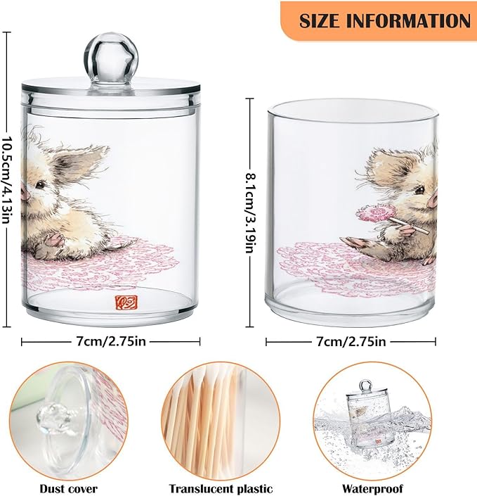 2 Pack Apothecary Jars,Adorable Pig with Sweet Treat Bathroom Vanity Storage Organizer Set,Small Clear Plastic Storage Jars Bathroom Canister for Cotton Swabs,Rounds,Balls,Qtips,Makeup Sponges