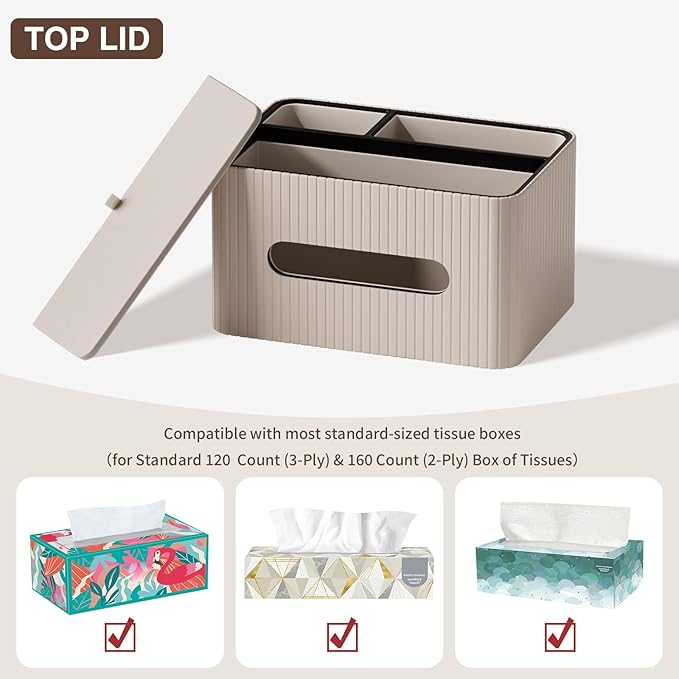 KINGFOM Leather Tissue Box Cover with Storage Tray, Decorative Tissue Box Holder Organizer for Office Desk, Bedroom & Nightstand, Remote Control Holder for Perfume, Watch, Glasses, Pens (Mocha Beige)