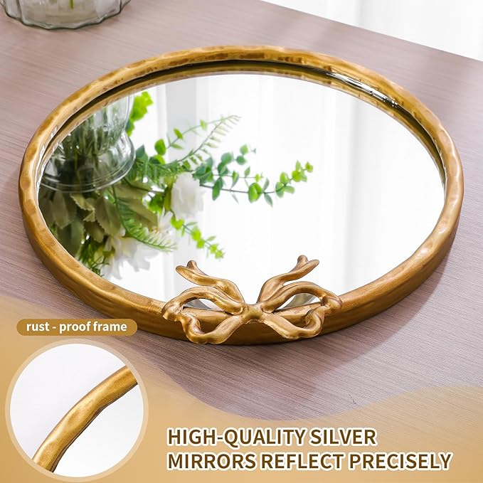 2026 Spring Women's Gifts 16 Inch Vintage Gold Round Wall Mirror, Antique Ornate Metal Circle Mirror with Baroque Bow Decor for Bathroom Vanity, Bedroom(Gold, 16" Lx16 W)