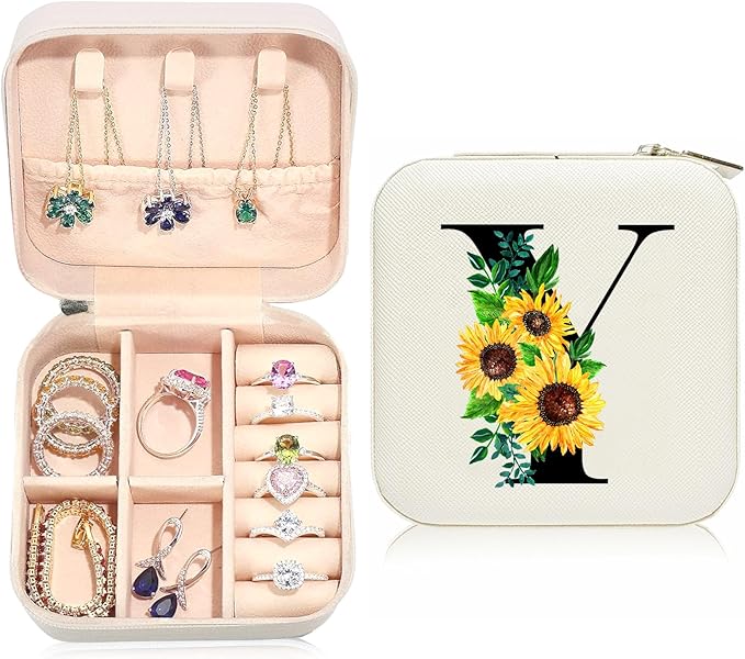 Sunflower Jewelry Case,Sunflower Gifts for Women,Initial Y Travel Jewelry Box,Valentine's Day Gift Easter Personalized Gifts for Teen,Mom,Wife,Bridesmaids,21st Birthday Gift for Her