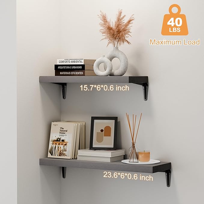 SKYSEN Floating Shelves for Wall Set of 6, 15.7in Wood Wall Shelf for Decor, Bathroom, Bedroom, Storage, Book,Kitchen, Living Room - Grey(fs-40-g)