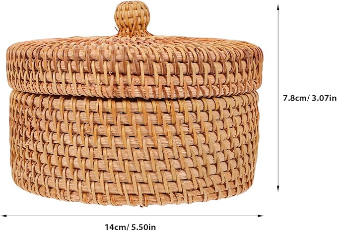 ULTNICE Round Rattan Storage Box with Lid - Hand Woven Rattan Basket for Desktop or Decorative Use
