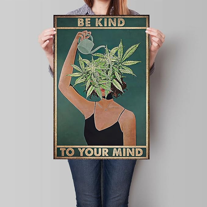 Vintage Be Kind To Your Mind Poster Mental Health Quote Canvas Wall Art Posters Cool Unique Green Plant Girl Print Painting Retro Home Wall Decor Pictures for Women Bedroom 24x36in Unframed