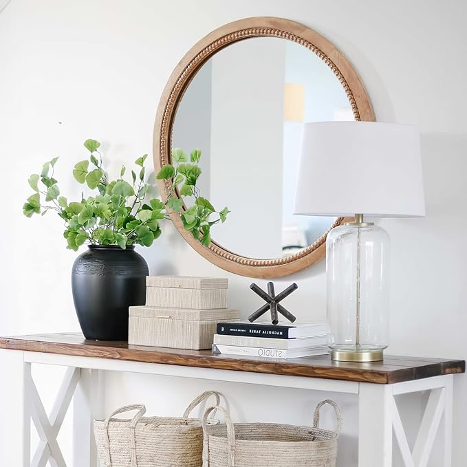 sawsile Round Wood Mirror,30 inch Circle Rustic Farmhouse Natural Wooden Frame Boho Beads Wall Mirror for Bathroom,Living Room,Bedroom or Entryway