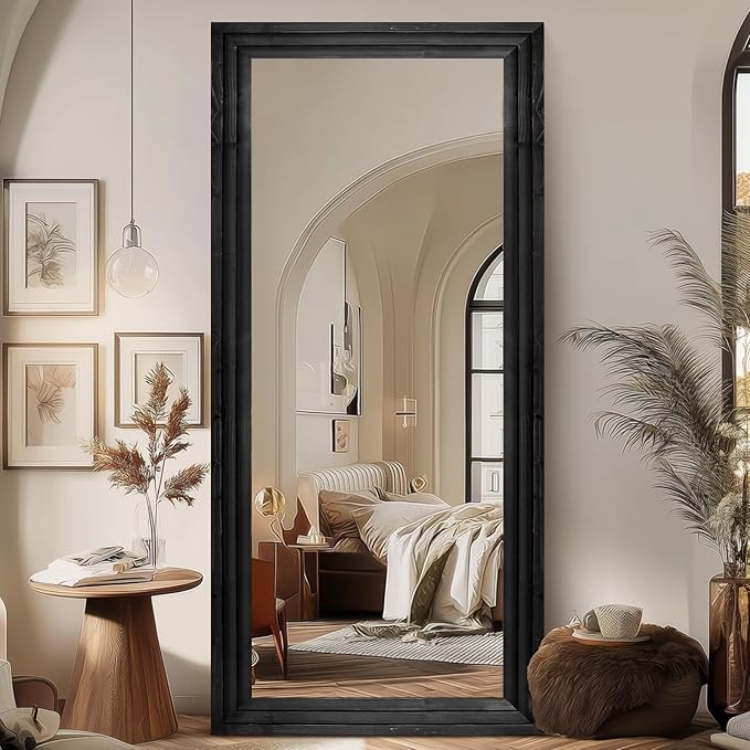 Full Length Wood Mirror 76x34 - Rustic Solid Wood Floor Mirror with Triple Layer Frame, HD Tempered Glass, Wall Mounted or Leaning Standing Mirror Vintage Black Mirror for Bedroom Bathroom Living Room