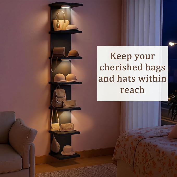 Pinkunn 2 Pack 7-Tier LED Floating Wall Shelf with Remote, 77in Tall Adjustable Lighting Wall Shelf Unit, Vertical Storage Display Organizer Floating Rack for Bedroom, Living Room, No Battery(Black)