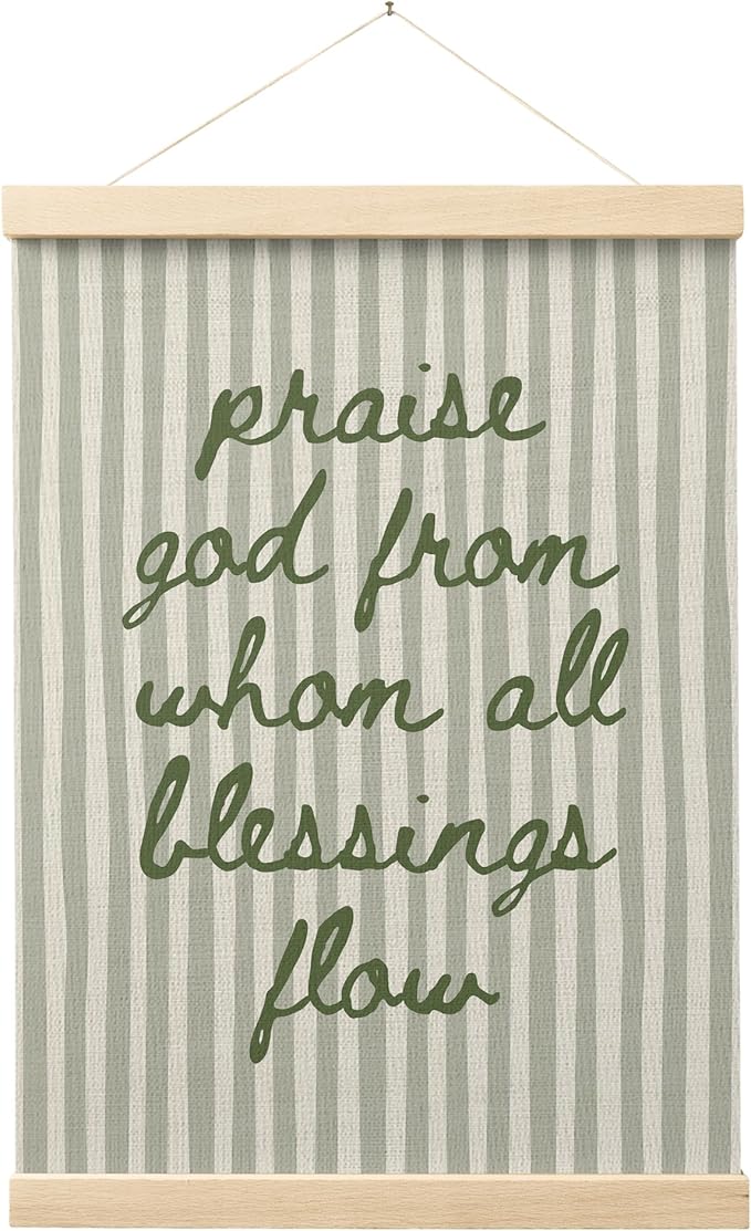 FGFK Sage Green Christian Wall Art Poster Hanger Frame, Trendy Striped Praise God From Whom All Blessing Flow Bible Verse Scripture Canvas Prints Framed Wall Decor for Room Home Dorm, 12x16 Inch