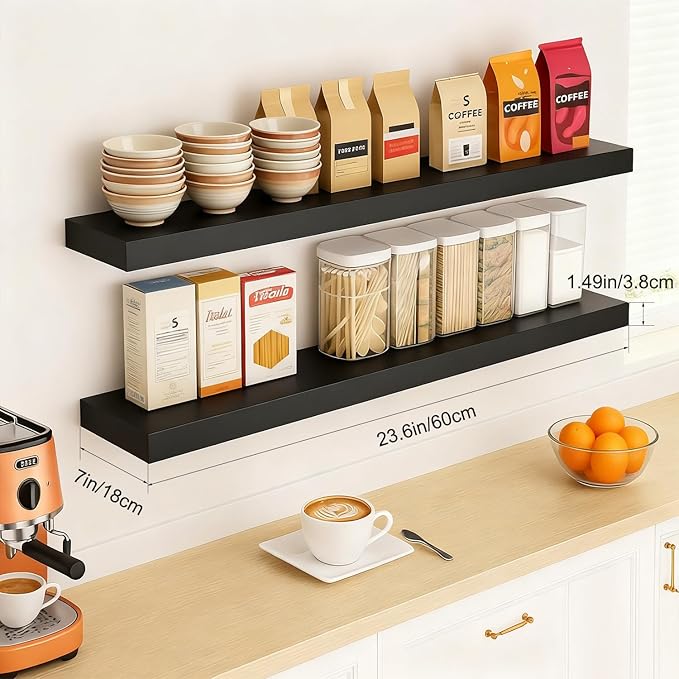 Floating Shelves for Wall, Bathroom Shelves Over Toilet, Wall Shelves & Book Shelf for Room, Hanging Shelf, Modern Wooden Mounted Floating Shelves, 24x7x1.5 in (Black, Set of 2)