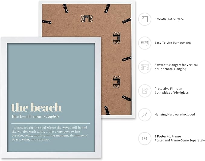 Poster Master Typography Poster - Dictionary Print - Beach Definition, Home of Peace and Calm, Sanctuary, Waves, Soul, Relax - Gift for Family, Friend - Wall Decor for Home, 11x14 White Framed