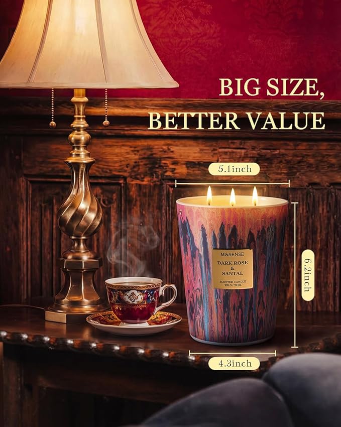 M&SENSE 3-Wick Dark Rose Scented Soy Large Candle, 35oz 150 Hours Non-Toxic, Luxury Romantic Floral Aroma Spring Candles, Valentines Mothers Day Gift for Her, Fancy Decorative Home Candle