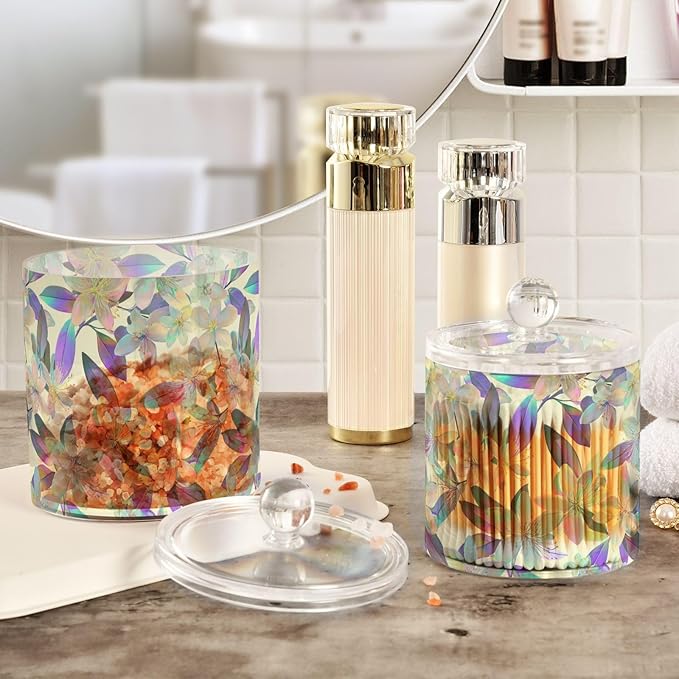 Hologram Flower Purple Clear Plastic Makeup Organizer Storage with lid Bathroom Essentials Decorative Dental floss storage jar for Cotton Swabs,Cotton Pads,Floss Picks,Paper Clips,Hair Clips 2