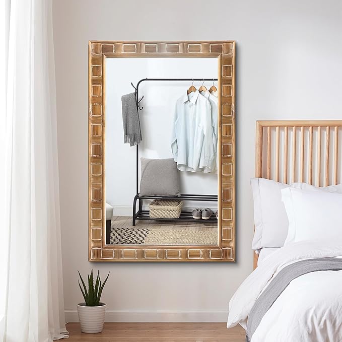 POZINO Rustic Wood Mirror, 24"X36" Farmhouse Bathroom Mirror for Over Sink, Natural Wooden Rectangle Wall Mirrors for Living Room Entryway Bedroom Hallway Fireplace, Horizontal Or Vertical