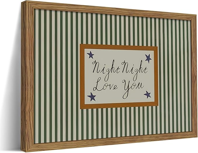 Vintage Green Wall Art, Mid Century Night Night Love You Stripe Canvas Wall Decor Painting, Modern Minimalist Nursery Striped Prints Pictures for Baby Room Kids Bedroom 12x16 Inch Framed