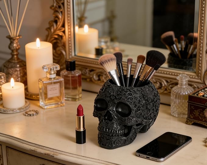 Skull Bowl Decorative Skull Vase Makeup Brush Pen Holder Organizer Dresser Gothic Table Organizer Decoration, Black Skull Pot Enthusiasts Gifts
