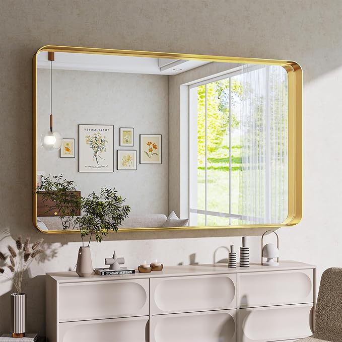 Bathroom Mirrors for Over Sink 30 x 48 Inch Rounded Corner Rectangle Bathroom Vanity Mirror Bathroom Mirror for Wall Hangs Horizontally or Vertically for Living Room Bedroom Entryway Gold