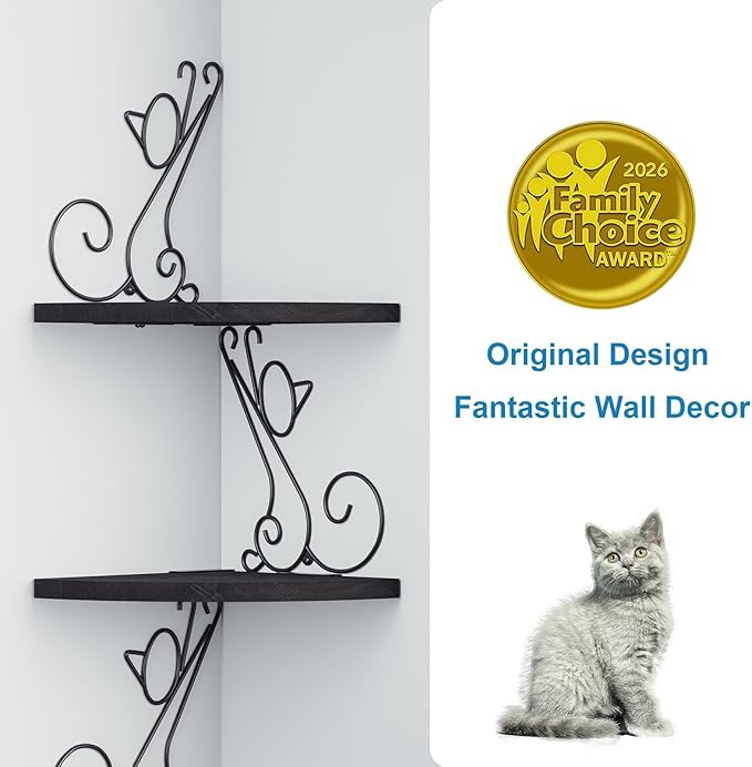 Alsonerbay Corner Shelves - Wall Mounted Floating Wood Shelf, 4 Tier Rustic Storage Shelf, Cat Shaped Shelving for Wall, Solid Wooden Decor for Living Room, Bedroom, Kitchen (Black)