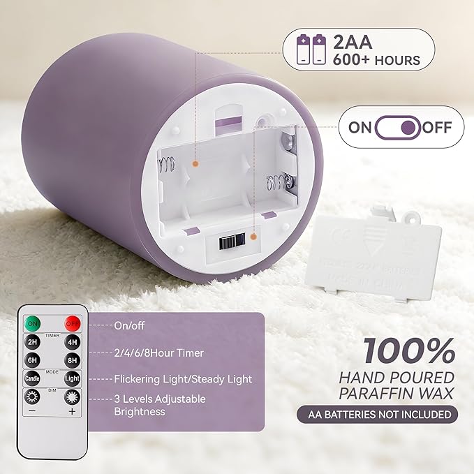 Purple Flameless Candles with Remote and Timer, Real Wax Made LED Pillar Candles Battery Operated with 3D Flickering Flame Melted Edge, 3" x 4",5",6", Set of 3 (Pastel Purple)