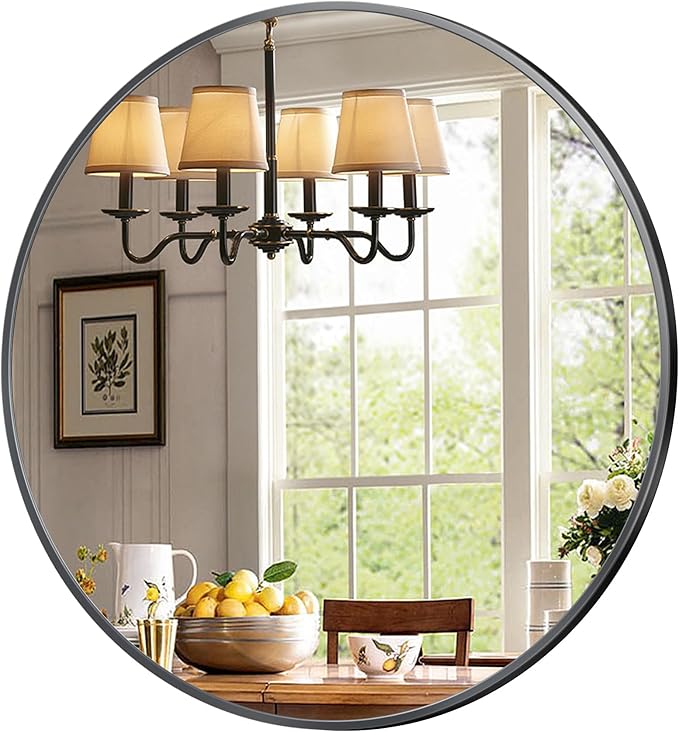 Antok 36 Inch Round Mirror for Wall, Round Bathroom Mirror, Circle Wall Mirrors with Black Metal Frame, Circle Mirrors Suitable for Wall, Bathroom, Vanity, Living Room, Entryway