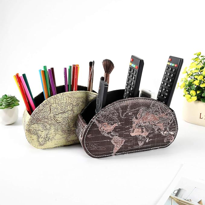 Remote Control Holder, Spacious Decorative PU Leather Makeup Organizer with 5 Compartments, Table Decor Storage Remote Caddy for TV, DVD, Blu-Ray, Office Supplies World Map Yellow PH57