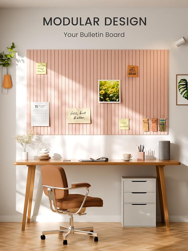 Bumusty Large Cork Board Alternative-36 x 24" Felt Bulletin Board Tiles, with 30 Pushpins, 40 Adhesive Tabs, Fine-Stripe 6-Pack, Cork Boards for Office Push Pin Board Felt Board-Pink