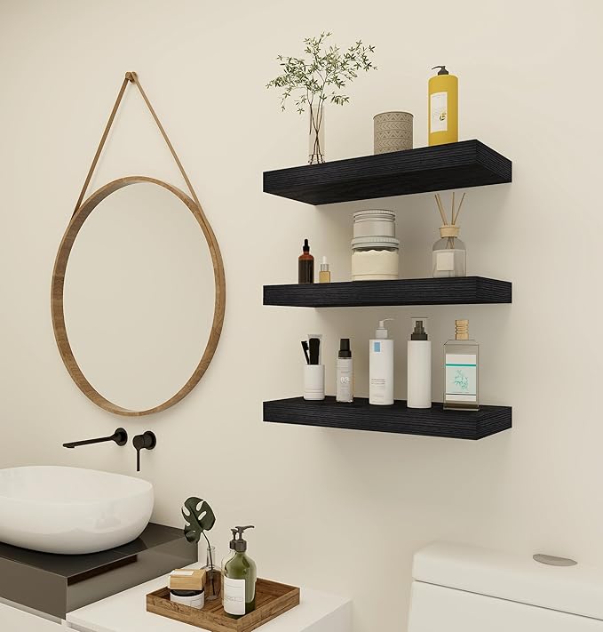 Vervida® Floating Shelves for Wall, 15" Rustic Wood Deep Wall Mounted Shelves with Invisible Brackets for Decor & Storage, Floating Shelf for Living Room, Bathroom (Black, Set of 3)