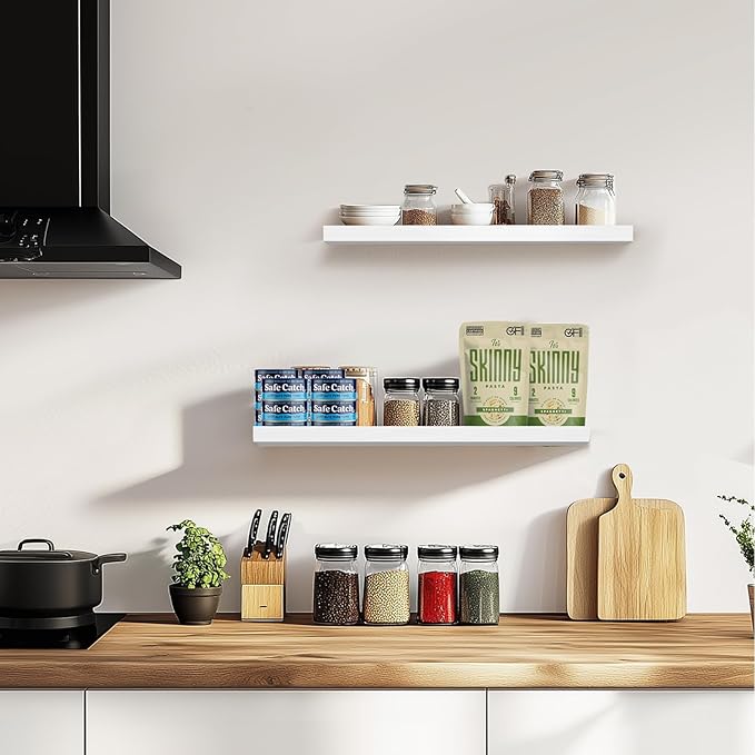 Floating Wall Shelves 2-Pack - Rustic White 16-inch Wooden Wall Shelves for Storage and Décor, Multi-Functional and Easy to Install for Living Room, Bedroom, and Kitchen
